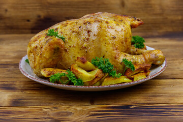 Baked whole chicken with potato on a wooden table