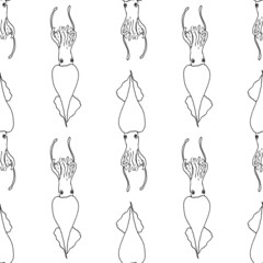 Vector seamless pattern of squid. a pattern of a cute squid drawn in a sketch style, an isolated black contour arranged in different vertical directions on a white background for a design template