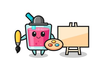 Illustration of strawberry juice mascot as a painter