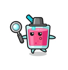 strawberry juice cartoon character searching with a magnifying glass