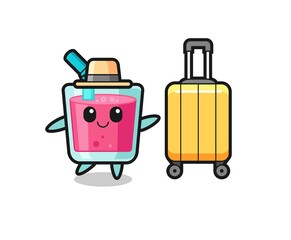 strawberry juice cartoon illustration with luggage on vacation