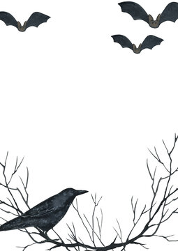 halloween background clipart, raven on branch print, Watercolor bat party invite, Spooky invitation postcard