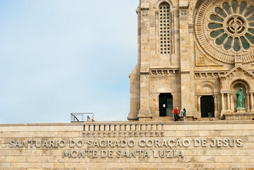 Viana do Castelo, Portugal - July 30, 2021: The Temple of the Sacred Heart of Jesus Saint Lucy Mountain Text sign near Sanctuary of Santa Luzia Church - Space for text