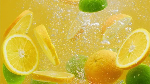Close-up of falling ripe limes and oranges into sparkling water on yellow background, making cocktail of citrus fruits, cold lemonade, shooting of carbonated water with floating sliced fruits. 