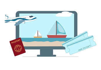 Vector illustration. Concept for booking air tickets online, planning a tour