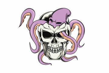 skull and octopus hand drawing vector