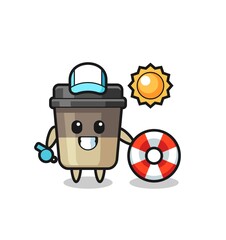 Cartoon mascot of coffee cup as a beach guard