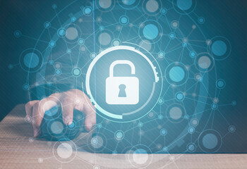 Data protection privacy and digital network cybersecurity concept. Virtual locking mechanism to access shared resources. Business man protecting data personal information on labtop background.