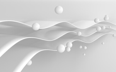 Curved white geometry with balls, 3d rendering.