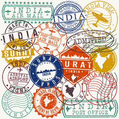 Surat, Gujarat, India Set of Stamps. Travel Stamp. Made In Product. Design Seals Old Style Insignia.