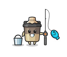Mascot character of coffee cup as a fisherman