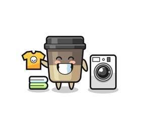 Mascot cartoon of coffee cup with washing machine