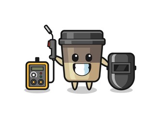 Character mascot of coffee cup as a welder