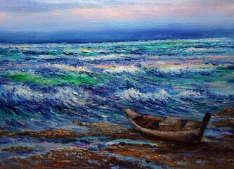 art  oil color painting art class , sea ,wave , boat , elements art 