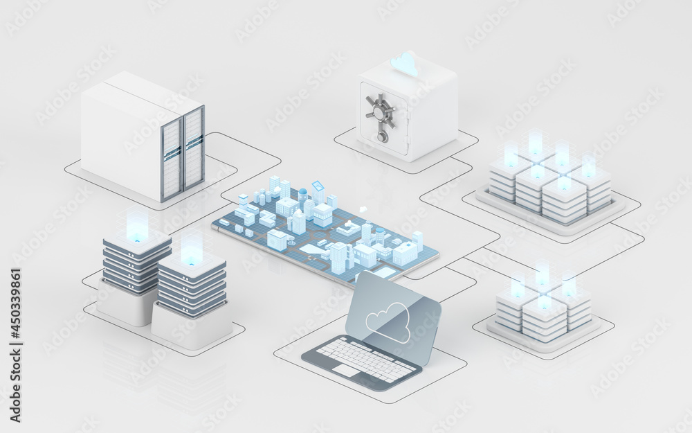 Aufkleber cloud computing and information devices, 3d rendering.