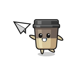 coffee cup cartoon character throwing paper airplane