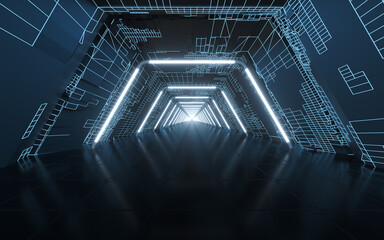 Tunnel and neon with blue background, 3d rendering.