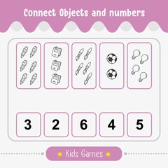 Game for Kids to Connect Objects and numbers. Educational worksheet for kids vector illustration