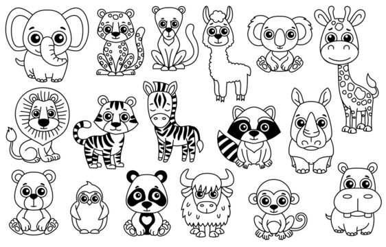 Set of cute black and white Zoo animals in a cartoon style