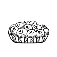A pie basket with blueberries. Sweet dessert in doodle style. Vector isolated illustration on a white background.