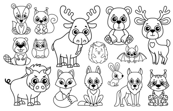 Set of cute black and white Zoo and forest animals in a cartoon style for laser cut or print