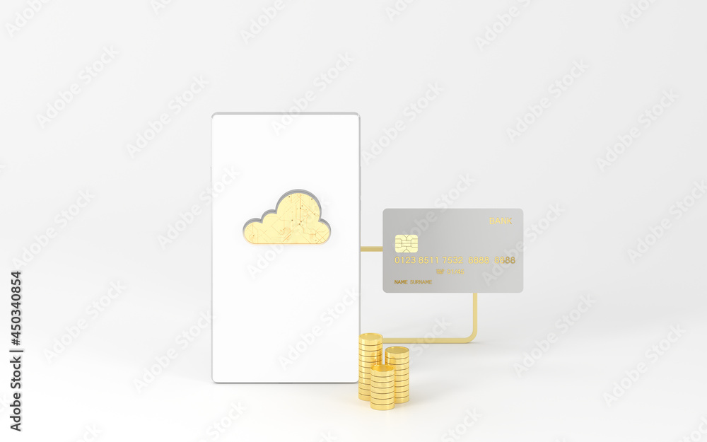 Poster cloud computing and gold coins, 3d rendering.