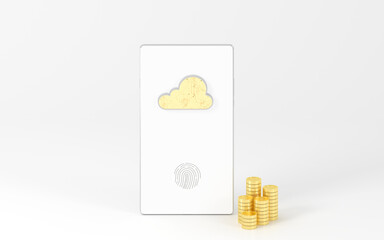 Phone and gold coins with white background, 3d rendering.