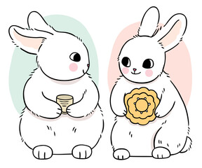 Obraz na płótnie Canvas Hand draw cartoon cute Mid Autumn festival white rabbit and tea and moon cake vector.