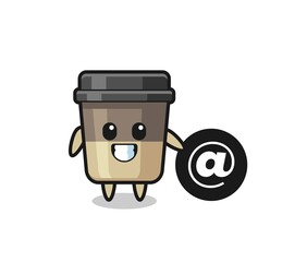Cartoon Illustration of coffee cup standing beside the At symbol