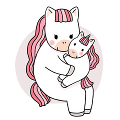 Fototapeta premium Hand draw cartoon cute mom and child unicorn hugging vector.