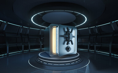Safe box in the futuristic room, 3d rendering.