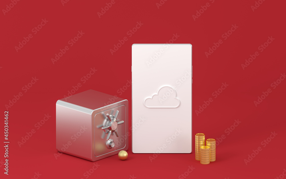 Poster Cloud computing and safe box with red background, 3d rendering.