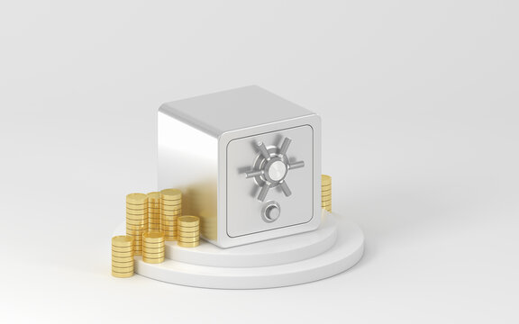 Safe box and gold coins on the stage, 3d rendering.