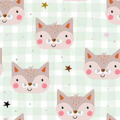 Seamless pattern cute character - animal baby fox. Vector print for baby shower. Printable templates. Vector pattern with rabbit.