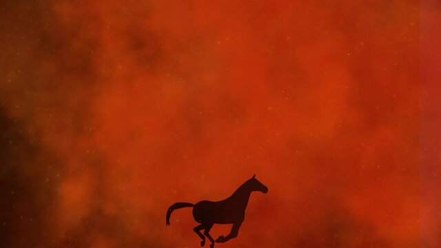 The silhouette of a lone horse galloping through raging wildfires.
