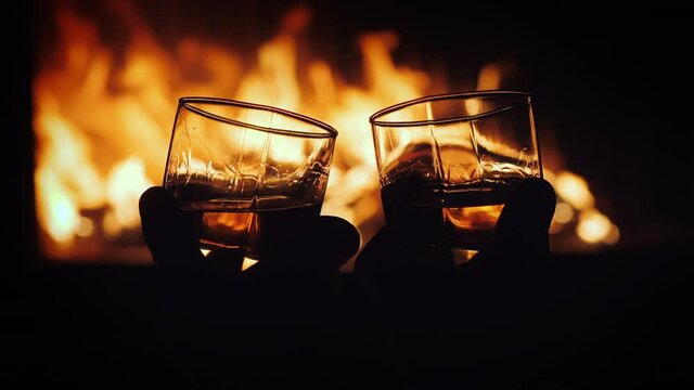 Two glasses of whiskey with ice in male hands, the fire from the fireplace is reflected in the drink
