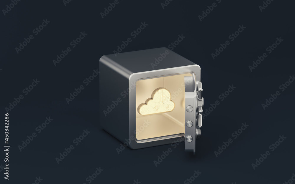Poster cloud computing and safe box, 3d rendering.