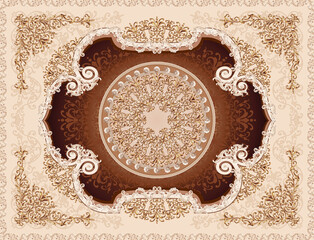 3-D ceiling painting in Classic style, the arch of the main hall, gold ornaments on beige and brown background, stucco white ornaments © Niko La