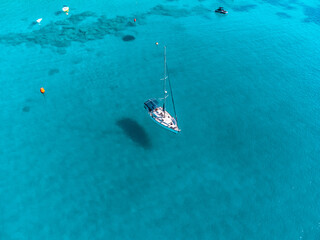 Yacht in blue lagoon mediterranean sea Cyprus aerial view, sea view landscape