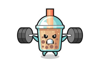 bubble tea mascot cartoon with a barbell