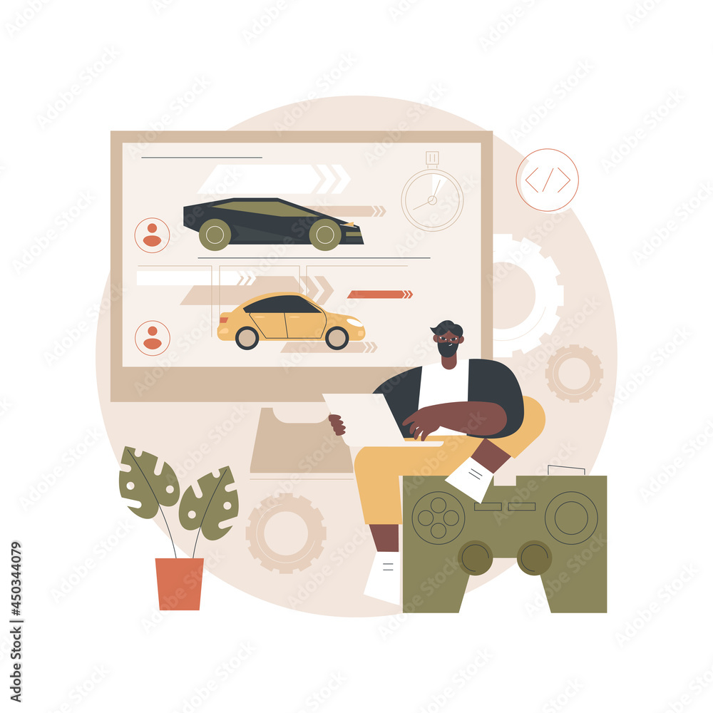 Poster computer games development abstract concept vector illustration. video games programming, developmen