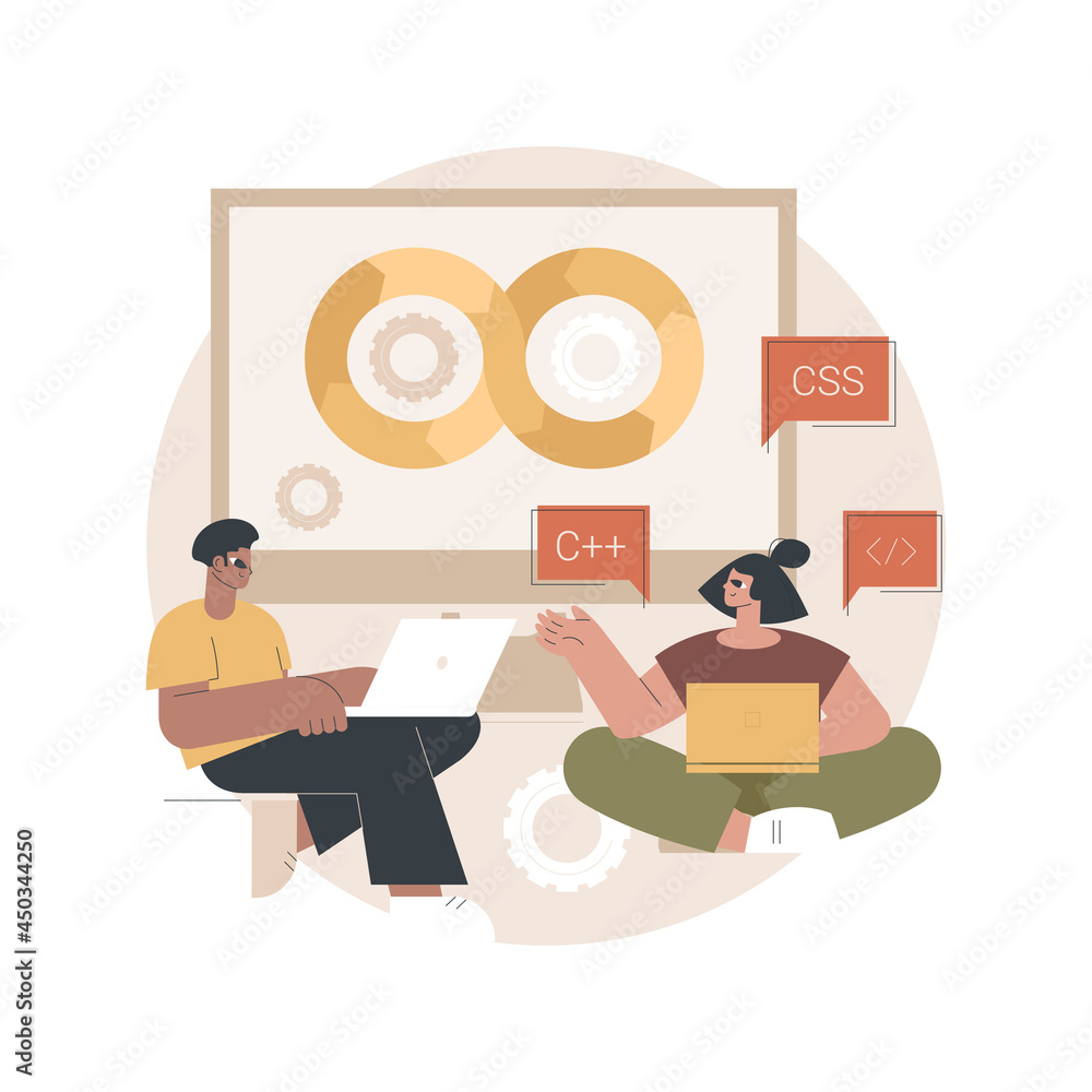 Poster devops team abstract concept vector illustration. software development team member, agile workflow, 