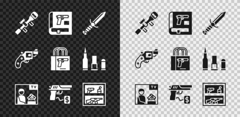 Set Sniper optical sight, Book with pistol or gun, Military knife, Advertising weapon, Buying, Hunting shop, Small revolver and icon. Vector