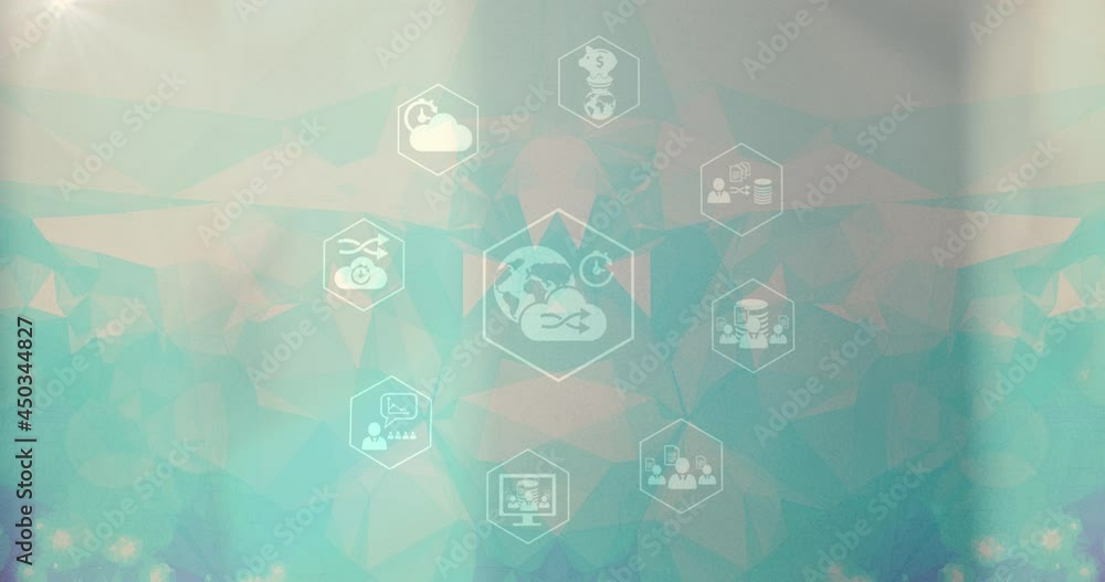 Poster network of digital icons and plexus networks against green gradient background