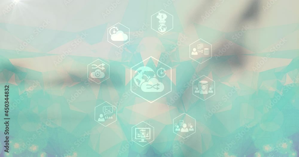 Poster network of digital icons and plexus networks against green gradient background