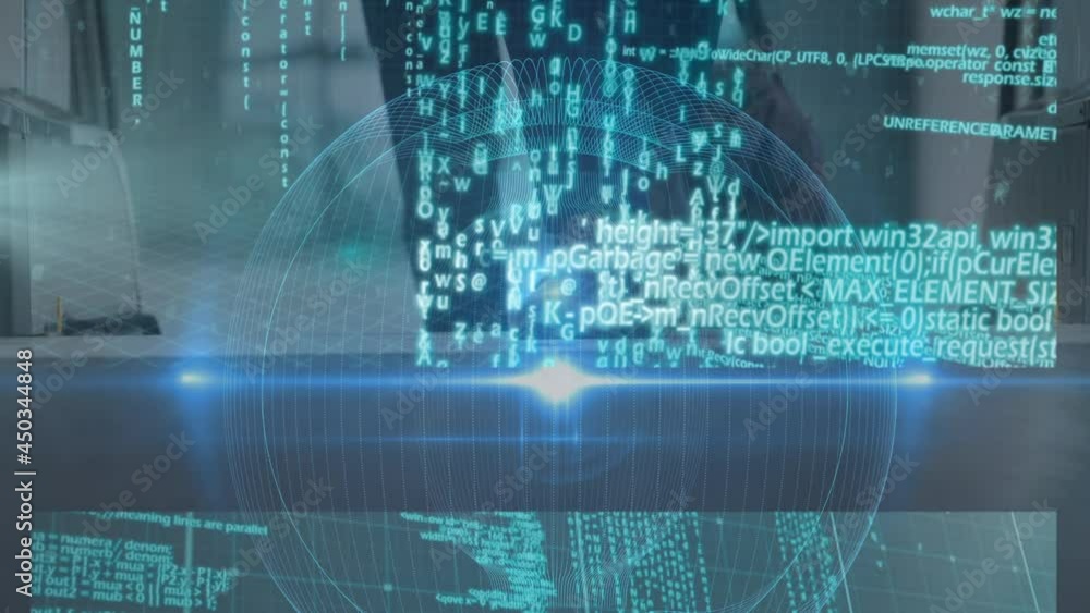 Poster multiple screens with data processing against businesspeople on escalator at office