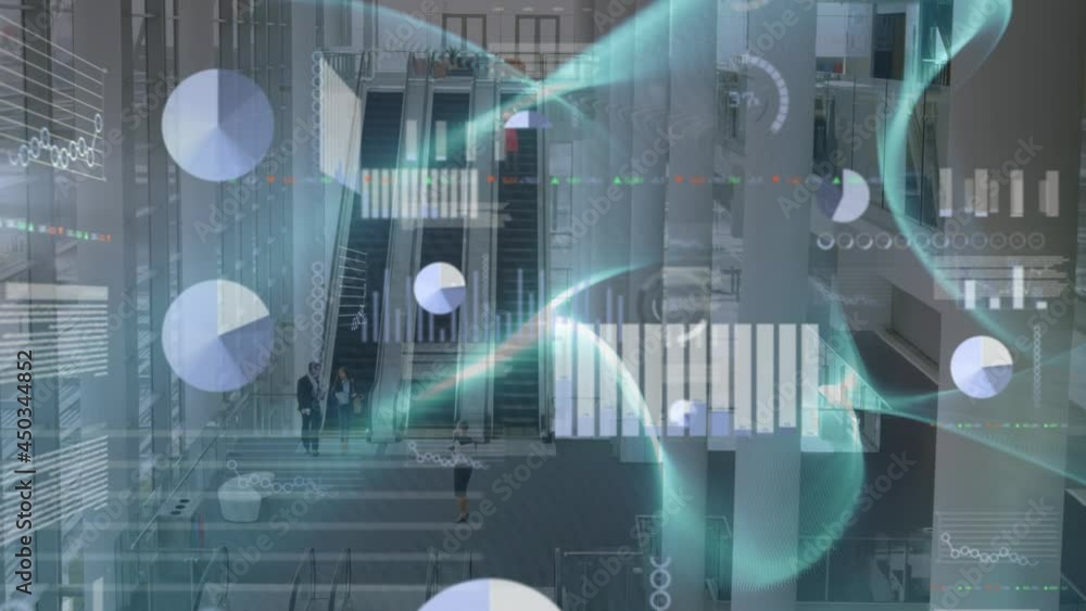 Poster multiple screens with data processing against businesspeople on escalator at office