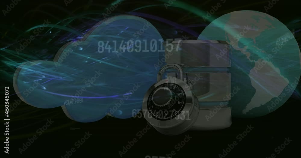Poster blue light trails and multiple changing numbers against server, cloud and globe on black background