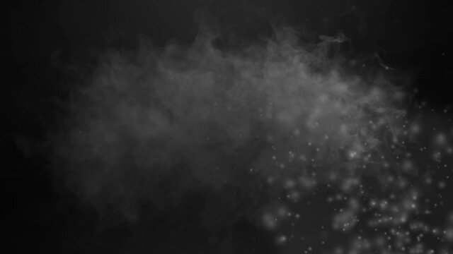 Animation of white particles and smoke moving on black background