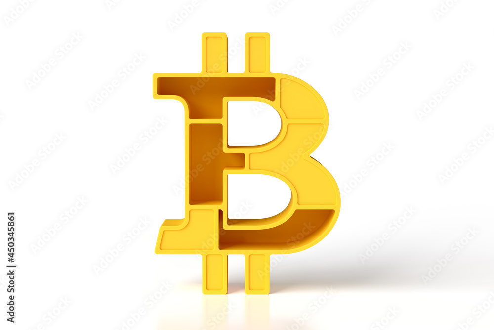 Poster 3d bitcoin sign made of yellow matte painted plastic with shelves and storage hollows. blockchain co